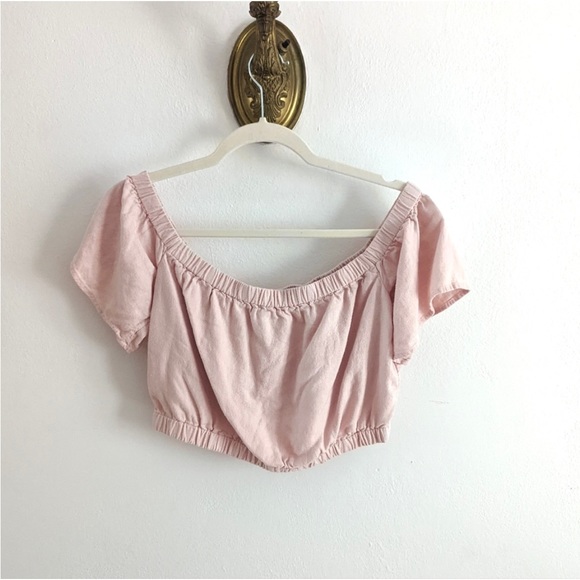 Abercrombie & Fitch Off The Shoulder Linen Blend Top Crop Top Blush Pink Medium - Picture 2 of 6